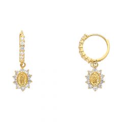 14KY Hanging Our Lady of Guadlupe CZ Huggies Earrings