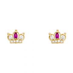 14KY Red CZ Crown Stud Earrings w/Screw
