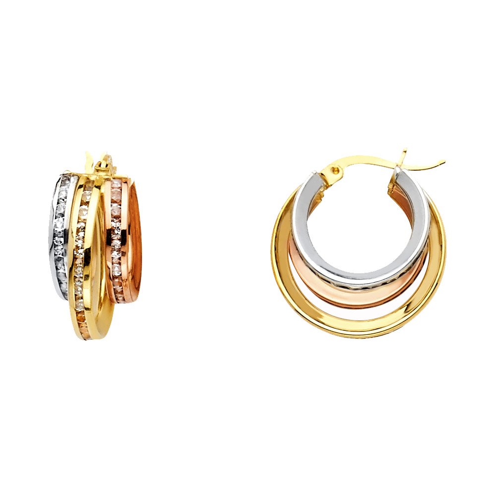 14K 3C Round CZ 3L Hoop Earrings