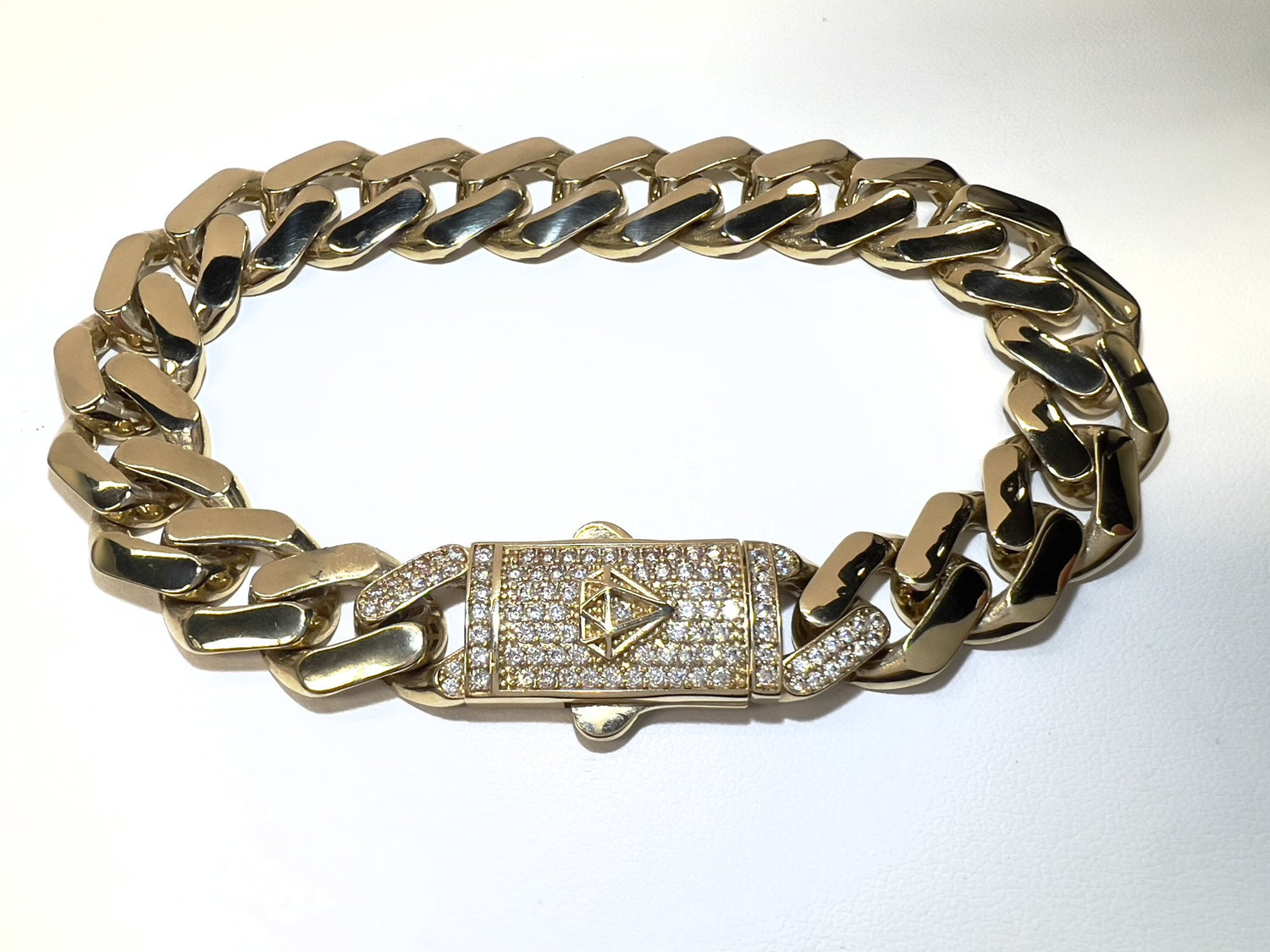 14KY Hollow 13MM Cuban CZ Lock Bracelet 8.5