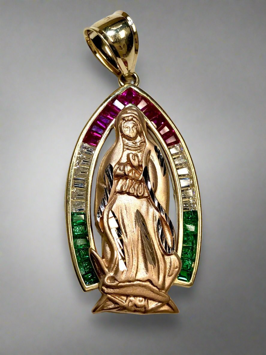 14K 2-Tone CZ Virgen De Guadalupe Pendant