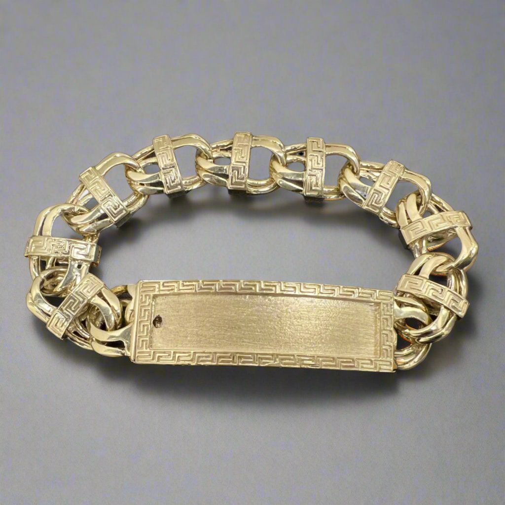 10K 11.5 mm Solid Chino Lnk Greek Frm ID Bracelet 9''